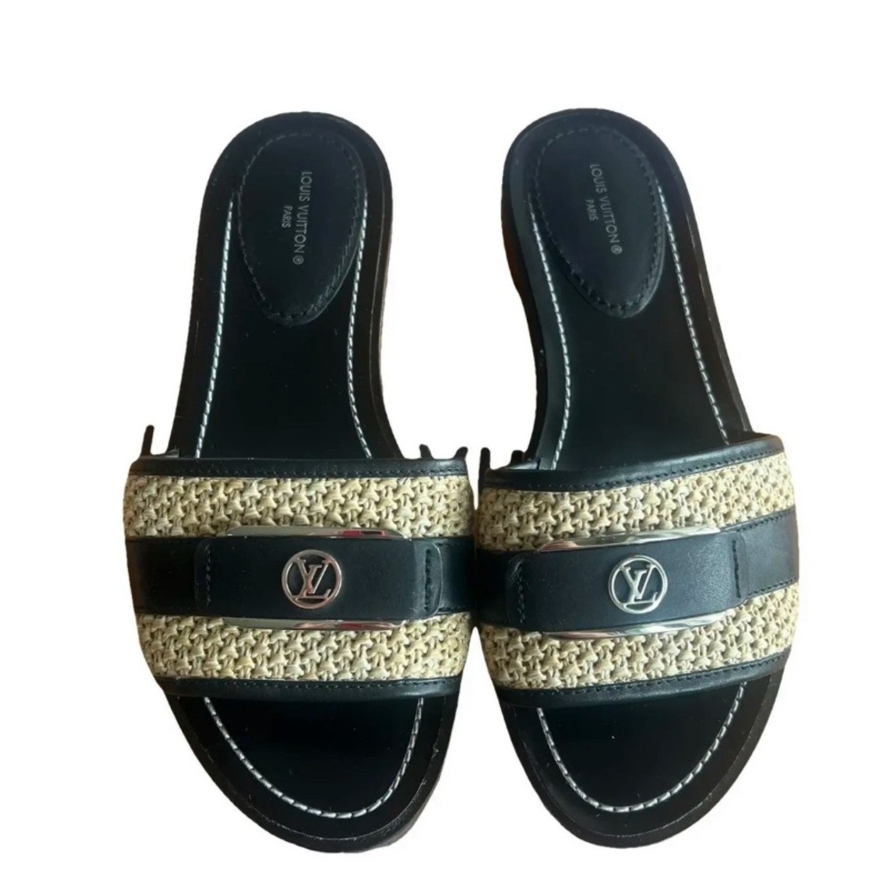 Louis Vuitton Lock It Flat Mule leather and raffia silver-tone LV circle logo.